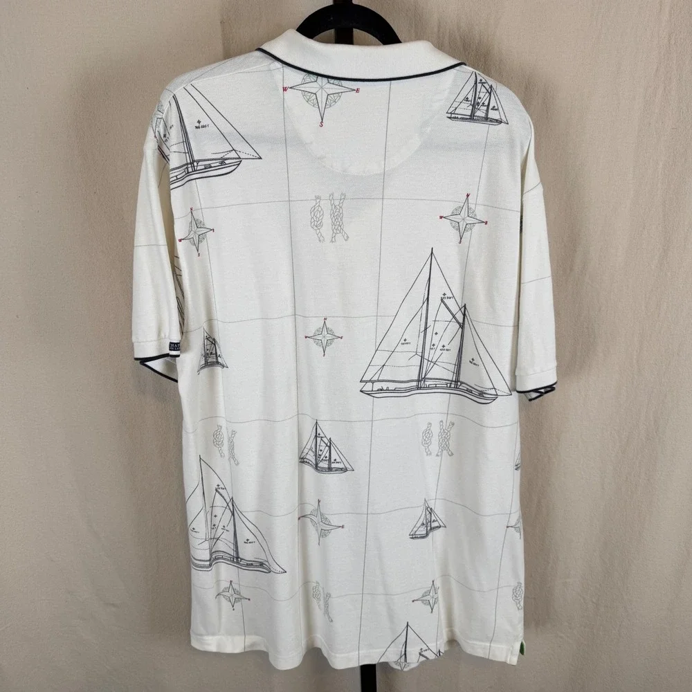 Chaps Ralph Lauren Mens‎ XL White Nautical Sailboat Compass Print Polo Shirt